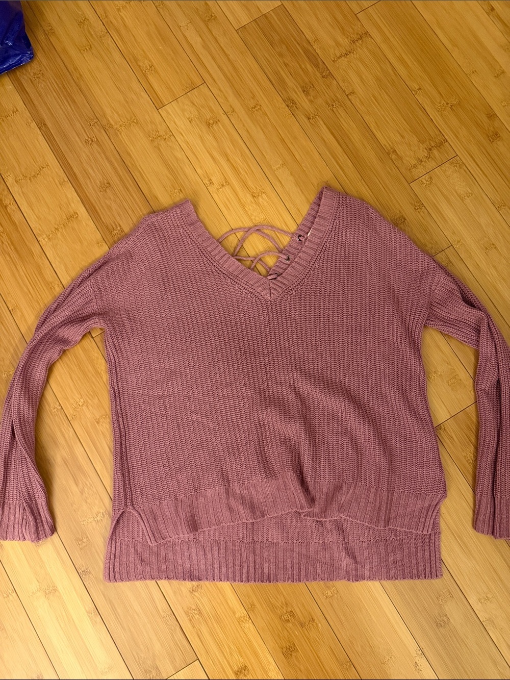 Pink Rose Mauve V-Neck Knit Sweater with Back Lace-Up